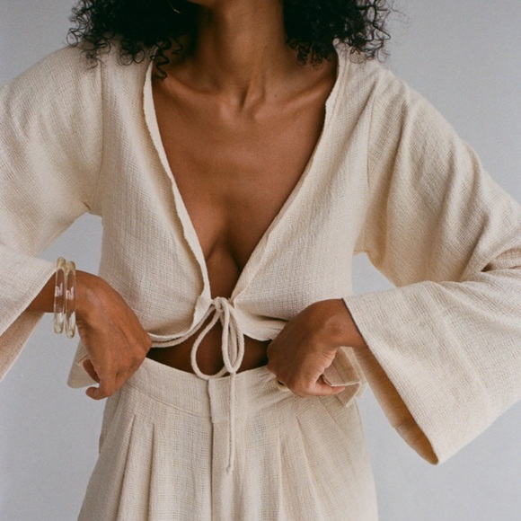 bahhgoose Tops - Cream Tie-Front Textured Crop Blouse with Flared Sleeves